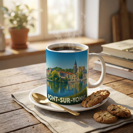 Mug souvenir de la ville de Pont-sur-Yonne avec une illustration stylisée des bords de l'Yonne.