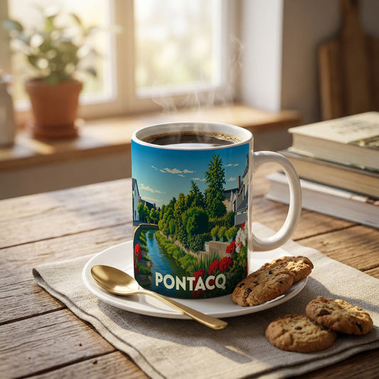 Mug souvenir de la ville de Pontacq orné d'une illustration paysagère stylisée.