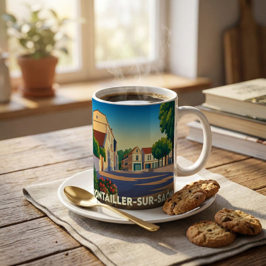 Mug souvenir de la ville de Pontailler-sur-Saône avec une illustration stylisée d'un paysage urbain.