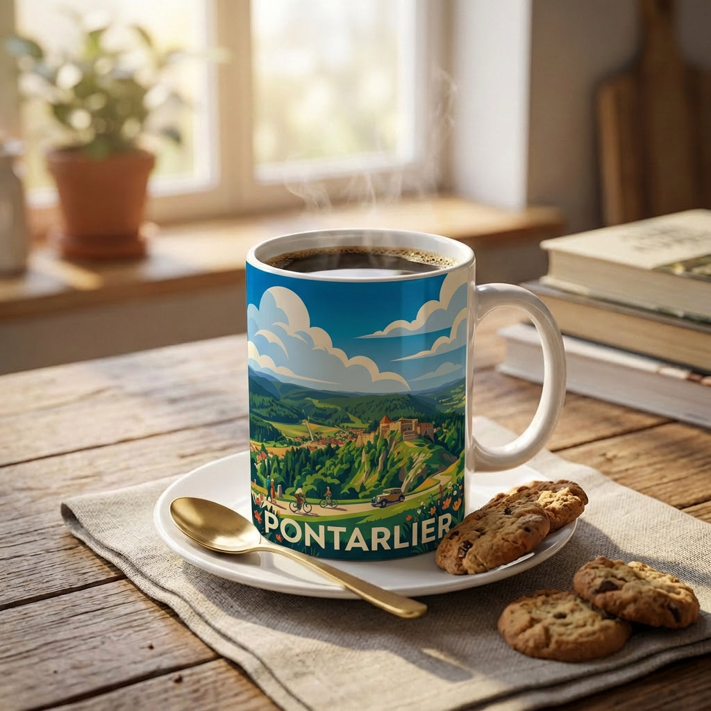 Mug souvenir de la ville de Pontarlier avec une illustration stylisée de son paysage et de son château.