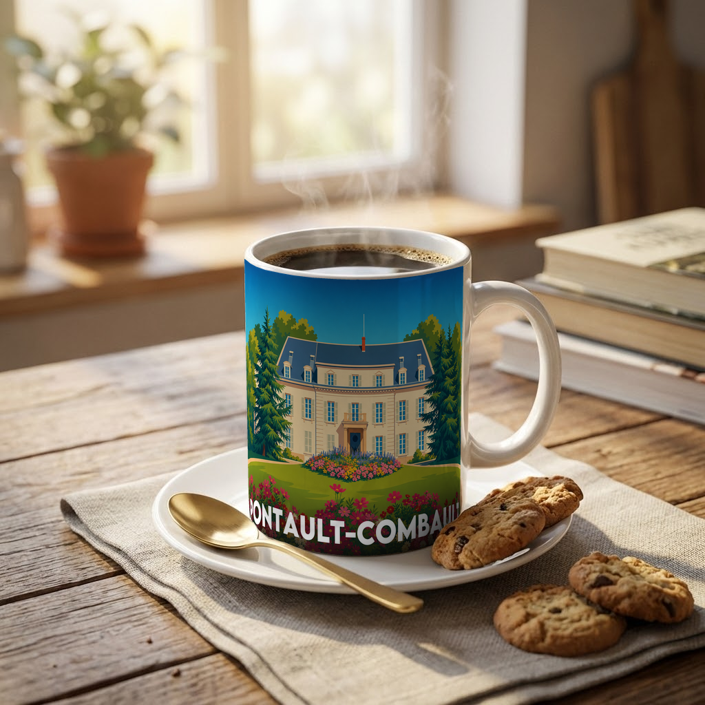 Mug souvenir de la ville de Pontault-Combault avec une illustration stylisée d'une grande demeure.