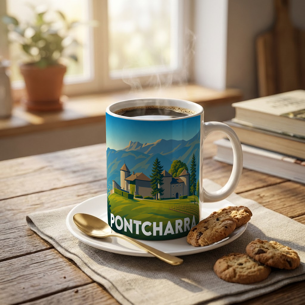 Mug souvenir de la ville de Pontcharra orné d'une illustration stylisée de son château et des montagnes environnantes.