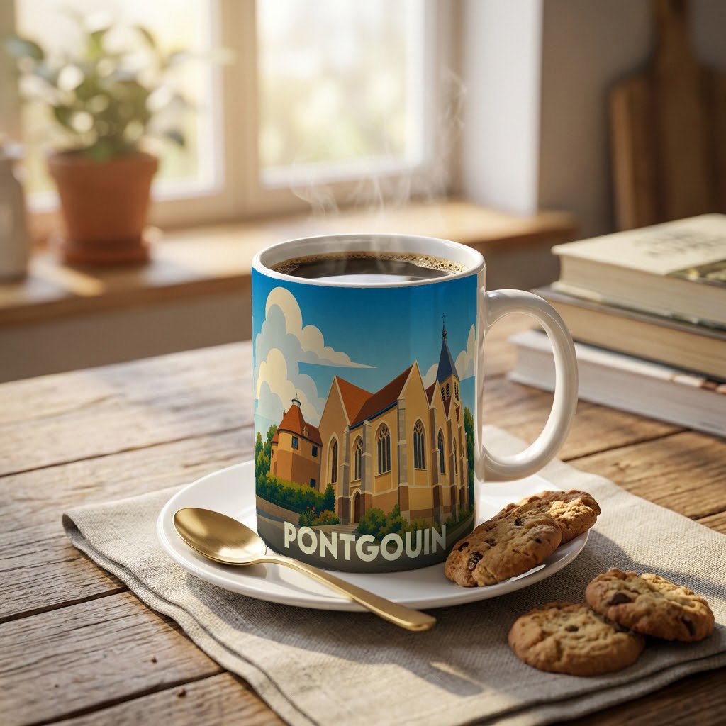 Mug souvenir de la ville de Pontgouin avec une illustration stylisée de son église et de son château.