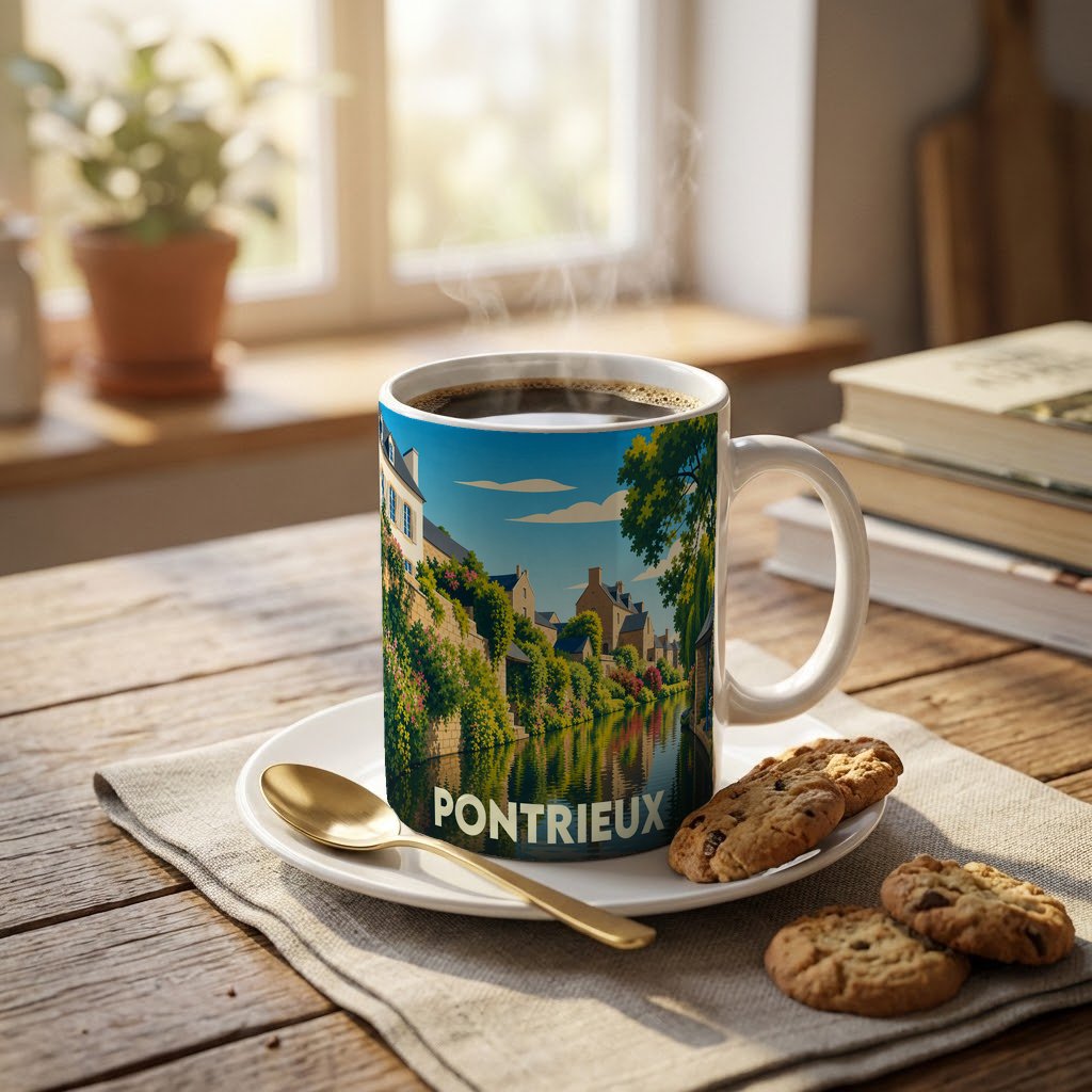 Mug souvenir de la ville de Pontrieux avec une illustration stylisée de ses canaux et maisons typiques.