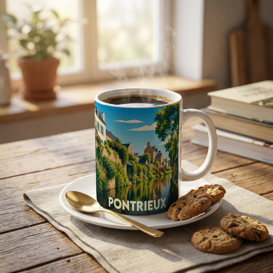 Mug souvenir de la ville de Pontrieux avec une illustration stylisée de ses canaux et maisons typiques.