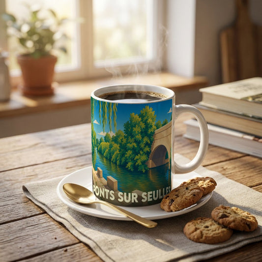 Mug souvenir de la ville de Ponts-sur-Seulles avec une illustration stylisée de son pont et de la rivière.