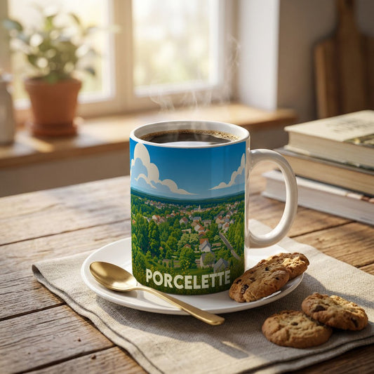 Mug souvenir de la ville de Porcelette avec une illustration panoramique stylisée.