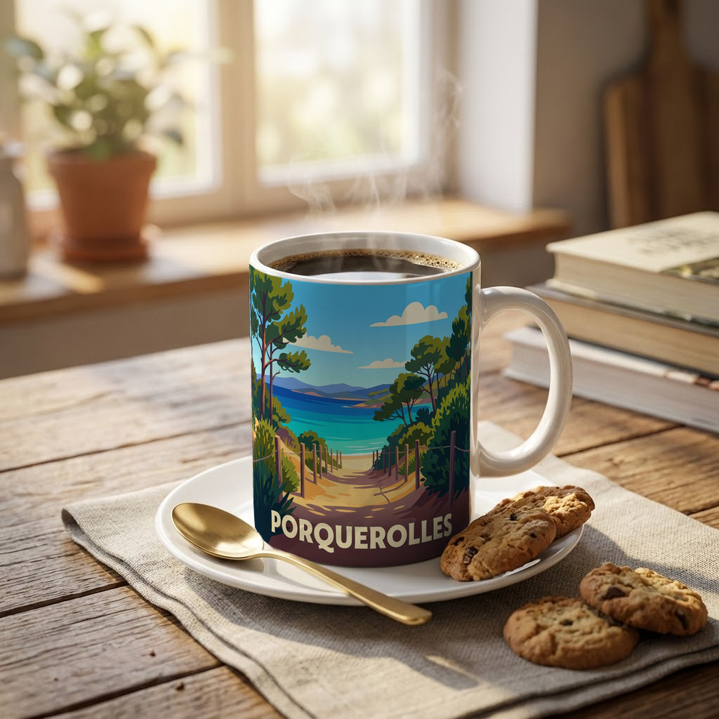 Mug souvenir de la ville de Porquerolles avec une illustration stylisée d'un paysage côtier.