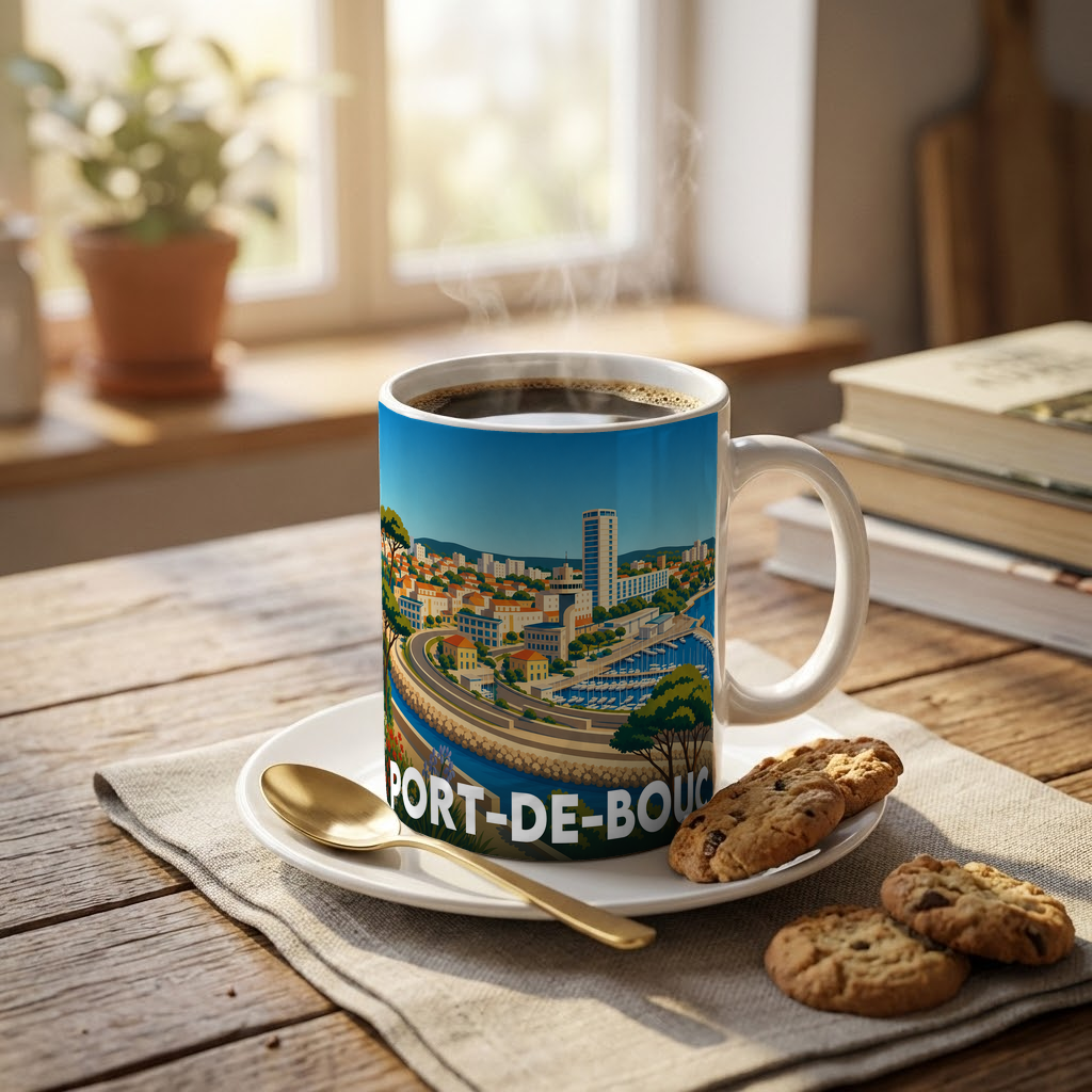 Mug souvenir de la ville de Port-de-Bouc avec une illustration stylisée de son paysage urbain et portuaire.