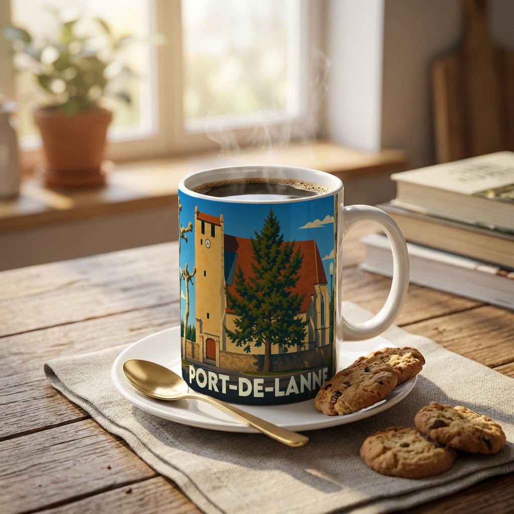 Mug souvenir de la ville de Port-de-Lanne illustré d'un paysage urbain stylisé.