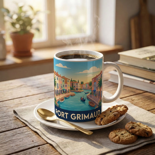 Mug souvenir de la ville de Port Grimaud avec une illustration stylisée.