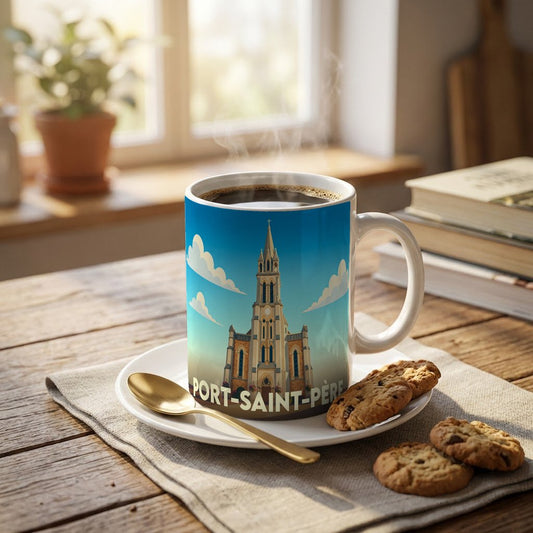 Mug souvenir de la ville de Port-Saint-Père illustré d'une église stylisée sur une table en bois.
