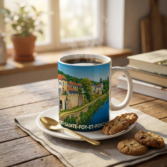 Mug souvenir de la ville de Port-Sainte-Foy-et-Ponchapt avec une illustration stylisée des bords de la Dordogne.