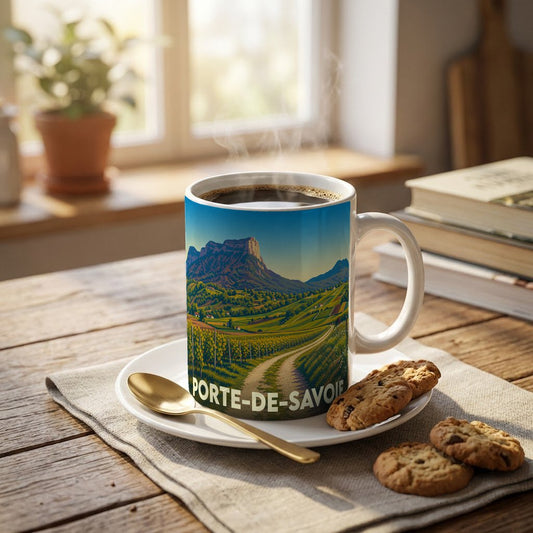 Mug souvenir de la ville de Porte-de-Savoie avec une illustration stylisée d'un paysage de vignobles et de montagnes.