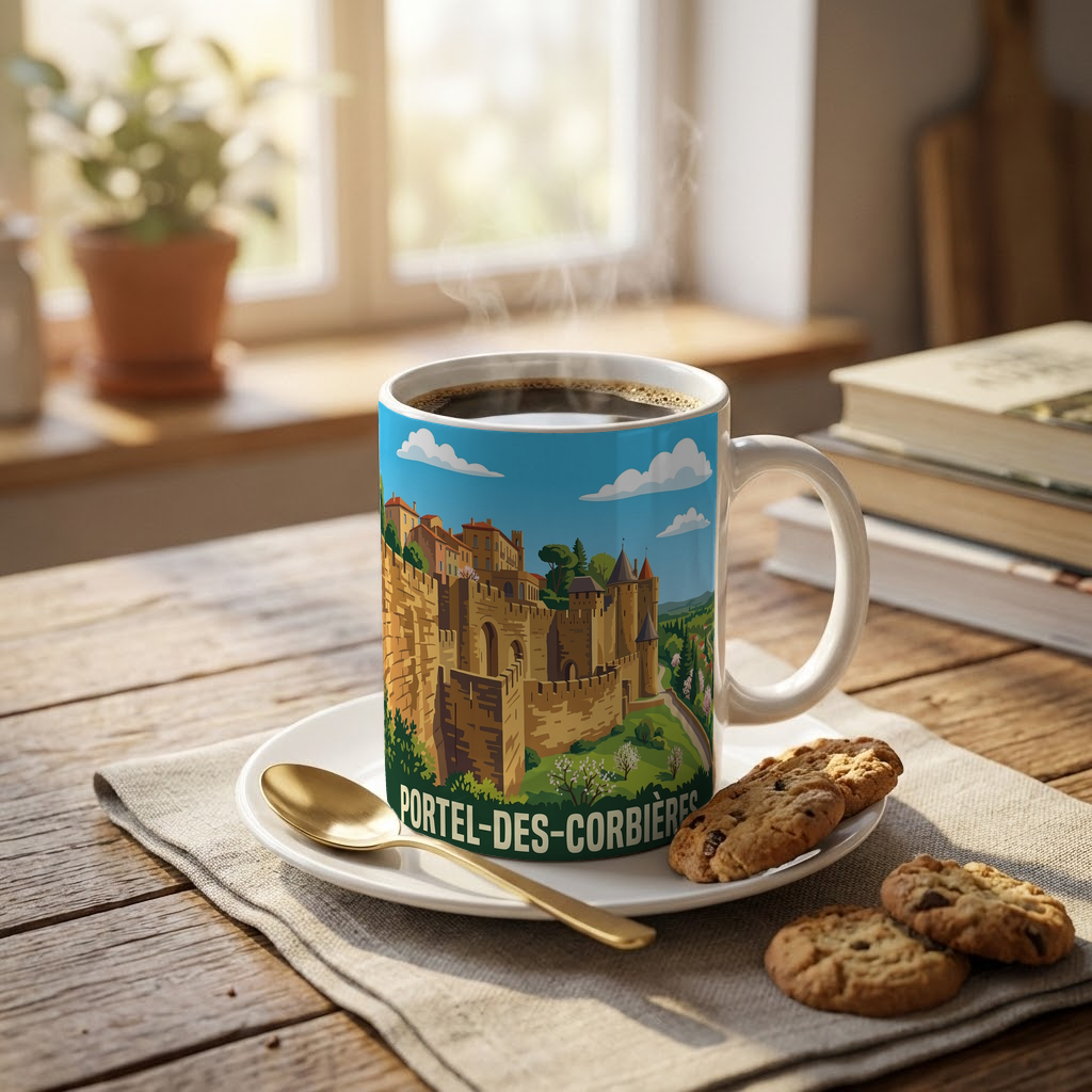 Mug souvenir de Portel-des-Corbières illustré d'une cité médiévale stylisée.