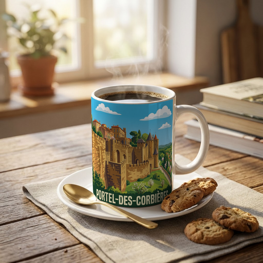 Mug souvenir de Portel-des-Corbières illustré d'une cité médiévale stylisée.