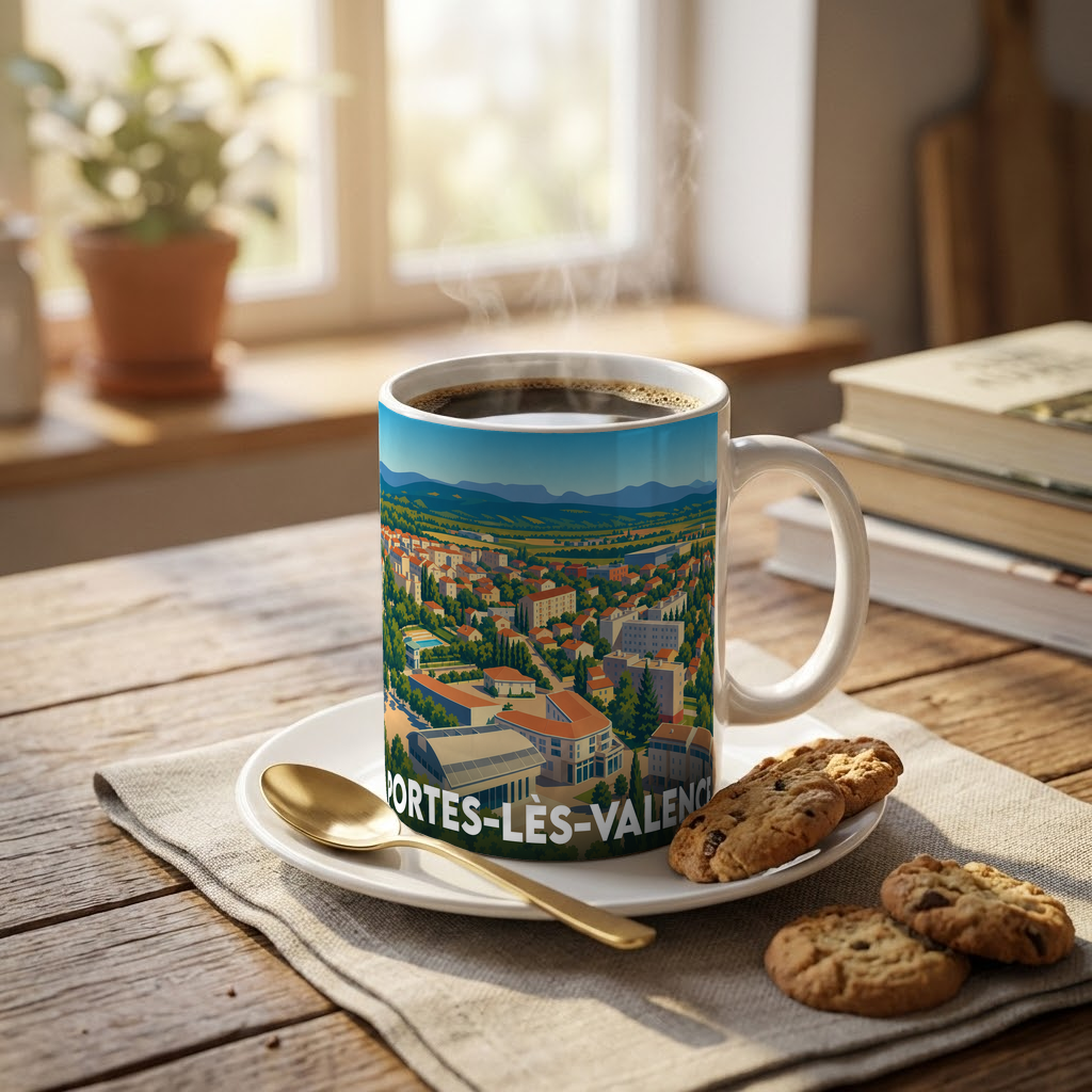 Mug souvenir de la ville de Portes-lès-Valence orné d'une illustration panoramique colorée.