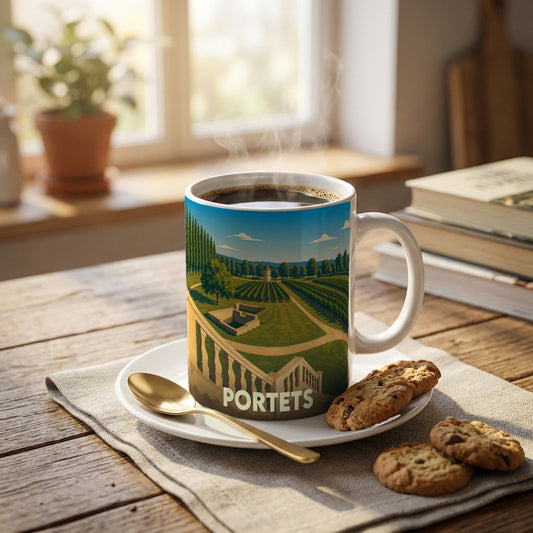Mug souvenir de la ville de Portets orné d'une illustration stylisée de ses paysages de vignes.