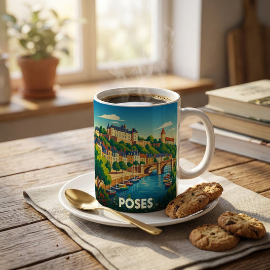 Mug souvenir de la ville de Poses avec une illustration colorée et stylisée de ses bords de Seine.