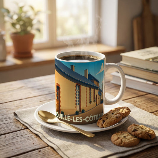 Mug souvenir de la ville de Pouillé-les-Côteaux avec une illustration stylisée.