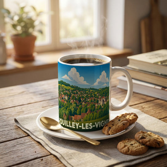 Mug souvenir de la ville de Pouilley-les-Vignes orné d'une illustration paysagère stylisée.