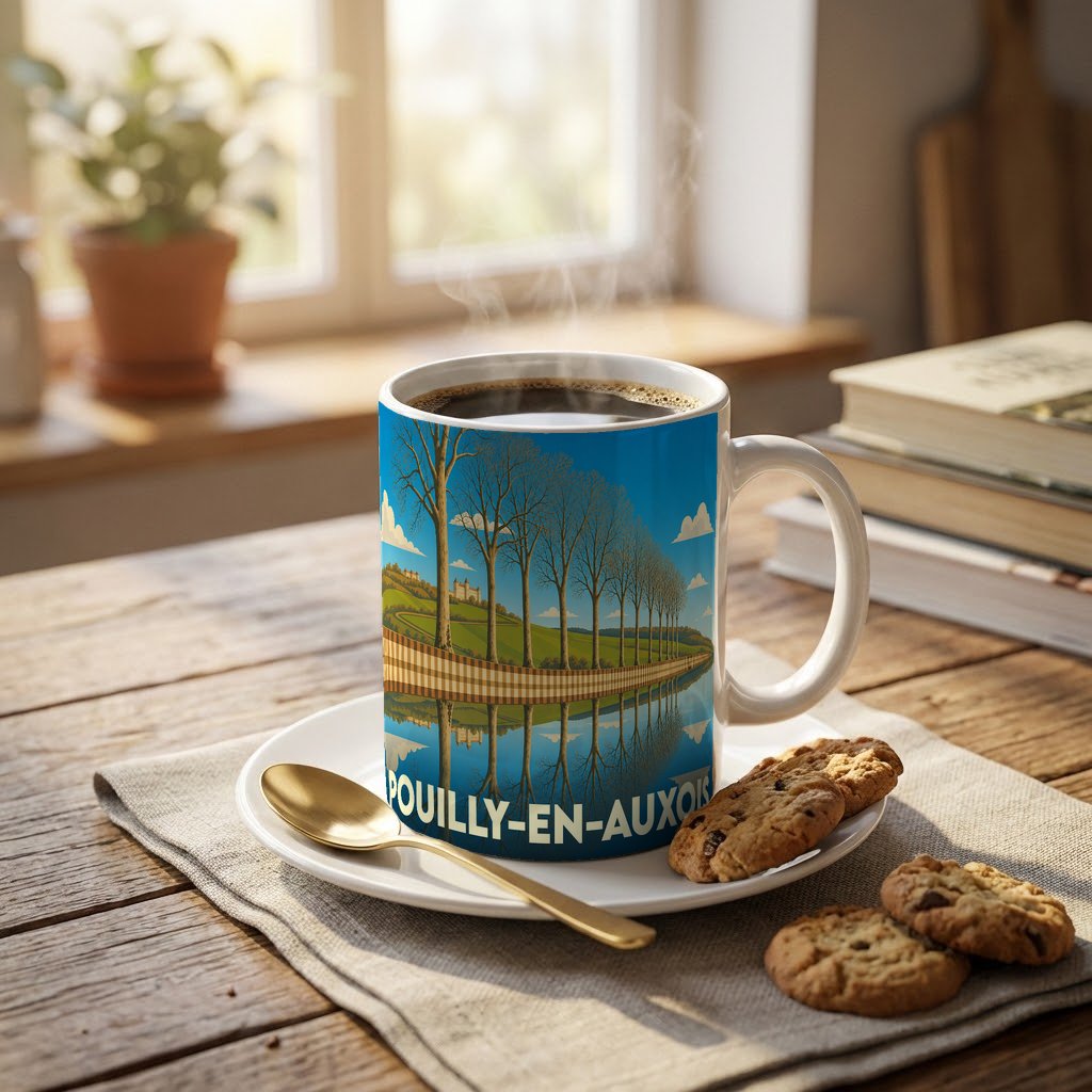 Mug souvenir de la ville de Pouilly-en-Auxois avec une illustration stylisée de son paysage et du canal.