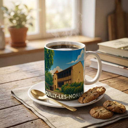 Mug souvenir de la ville de Pouilly-les-Nonains avec une illustration stylisée.
