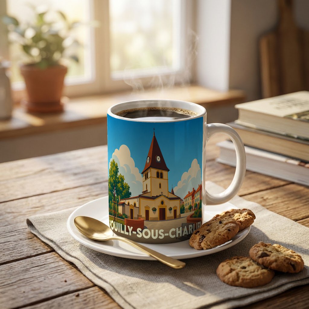 Mug souvenir de la ville de Pouilly-sous-Charlieu avec une illustration stylisée de son église.