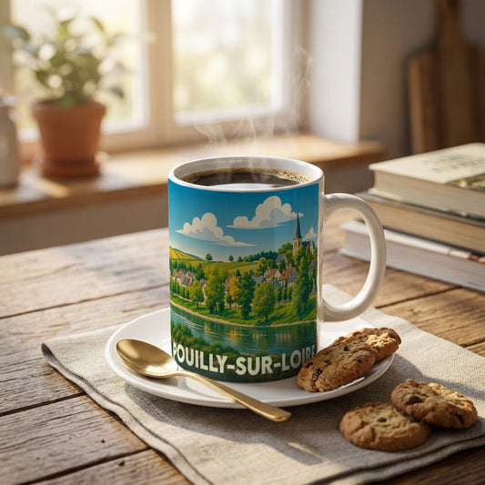 Mug souvenir de la ville de Pouilly-sur-Loire avec une illustration stylisée d'un paysage de bord de Loire.