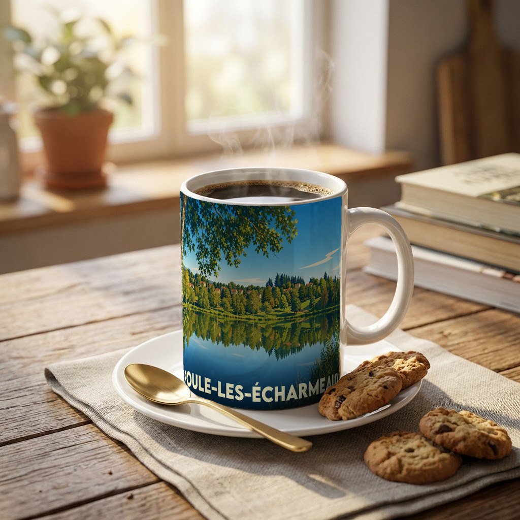 Mug souvenir de la commune de Poule-les-Écharmeaux illustré d'un paysage lacustre verdoyant.