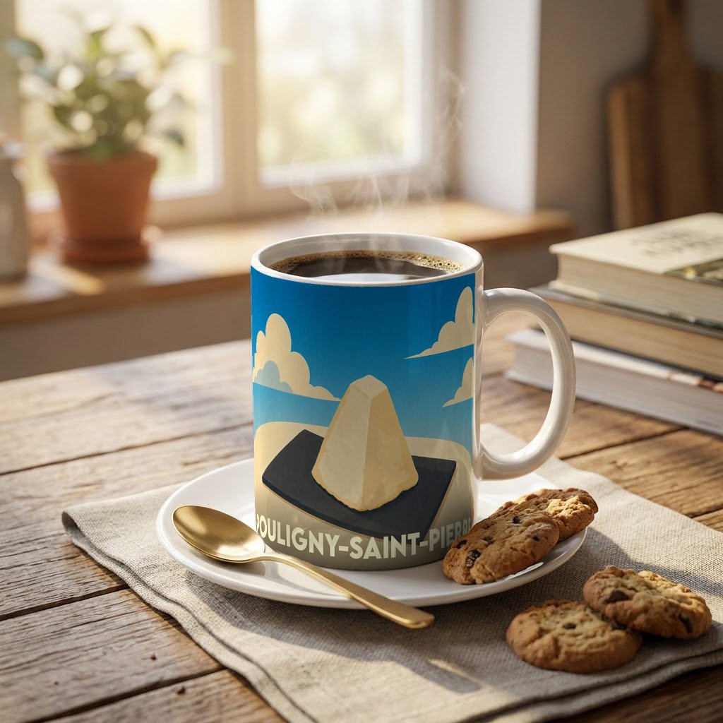 Mug souvenir de la ville de Pouligny-Saint-Pierre avec une illustration stylisée de son fromage emblématique.