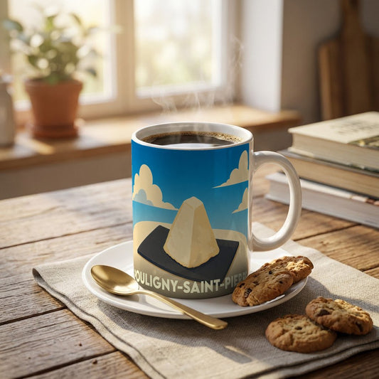 Mug souvenir de la ville de Pouligny-Saint-Pierre avec une illustration stylisée de son fromage emblématique.