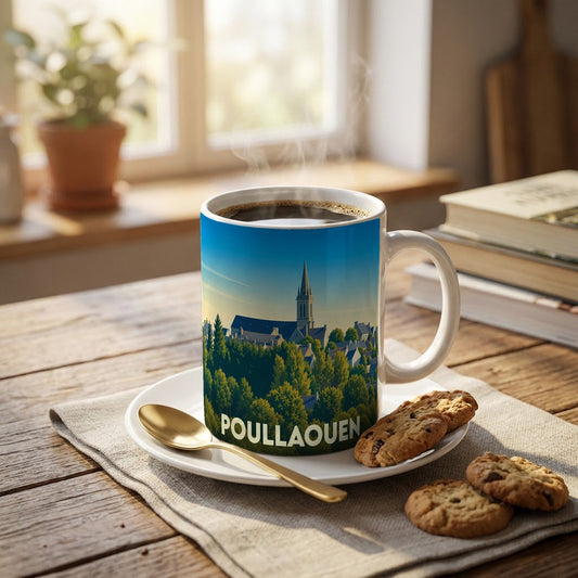 Mug souvenir de la ville de Poullaouen orné d'une illustration stylisée du village et de son église.