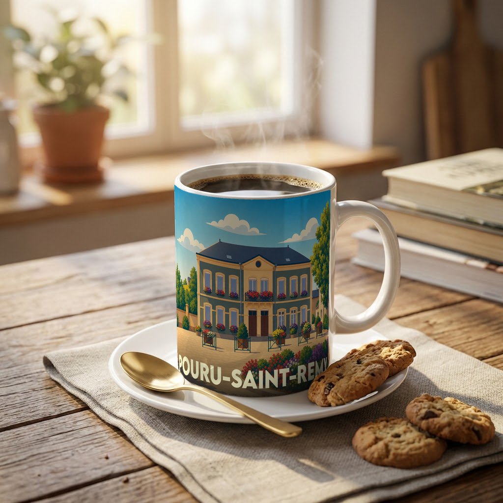 Mug souvenir de la ville de Pouru-Saint-Remy avec une illustration stylisée.