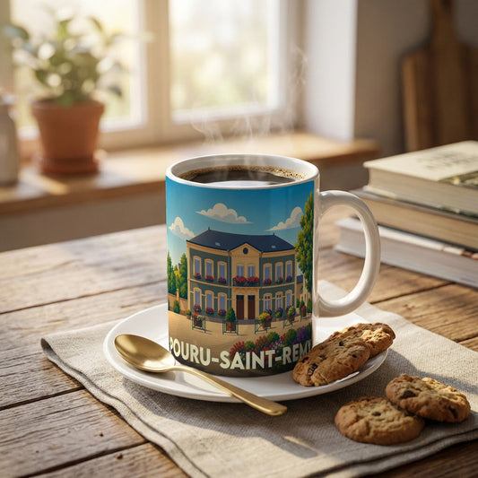 Mug souvenir de la ville de Pouru-Saint-Remy avec une illustration stylisée.