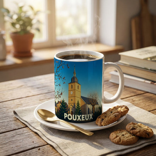 Mug souvenir de la ville de Pouxeux orné d'une illustration stylisée de son église.