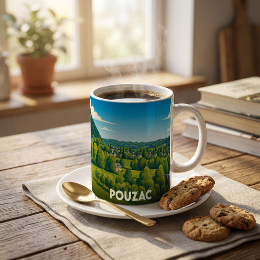 Mug souvenir de la ville de Pouzac orné d'une illustration paysagère stylisée.