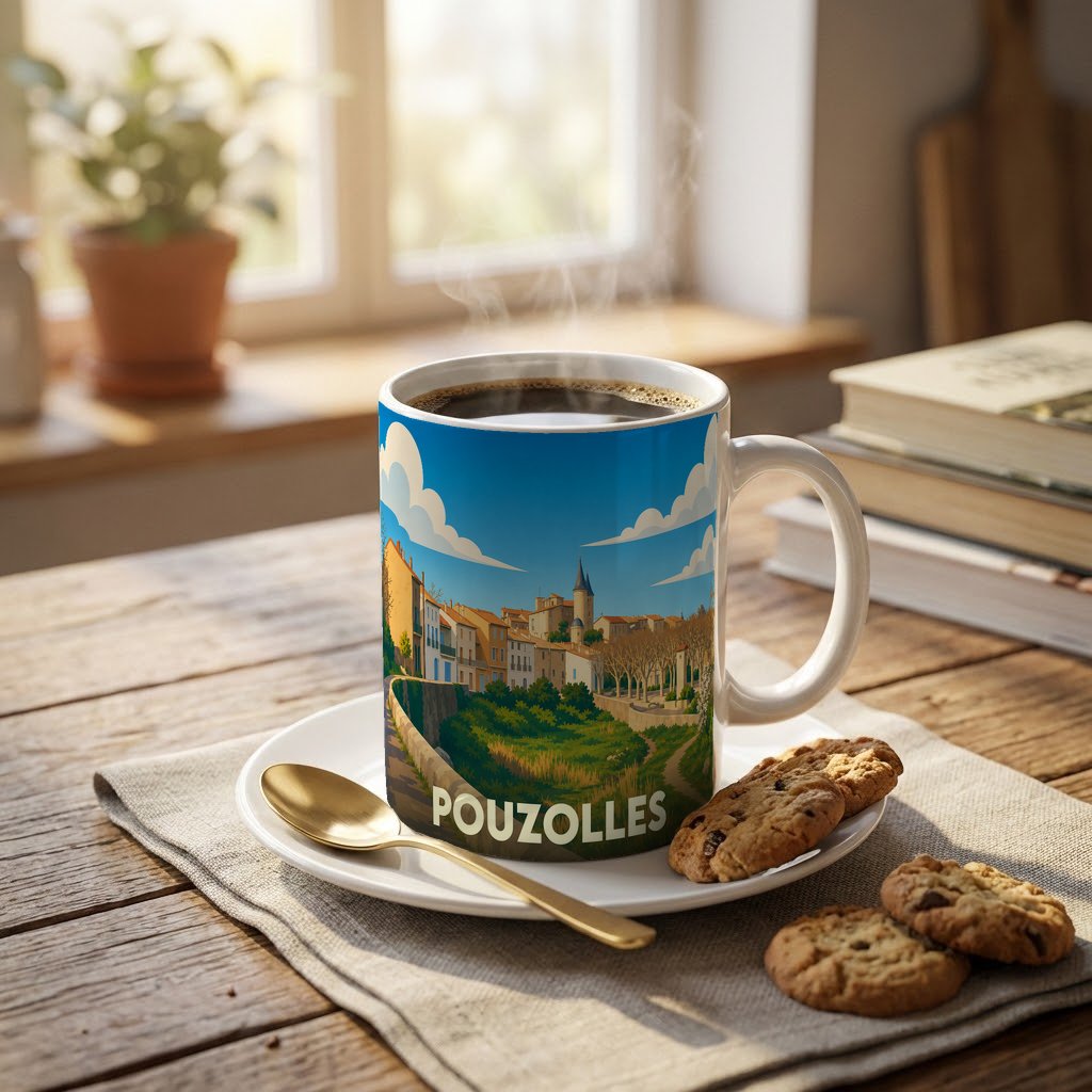 Mug souvenir de la ville de Pouzolles orné d'une illustration stylisée du village sous un ciel bleu.