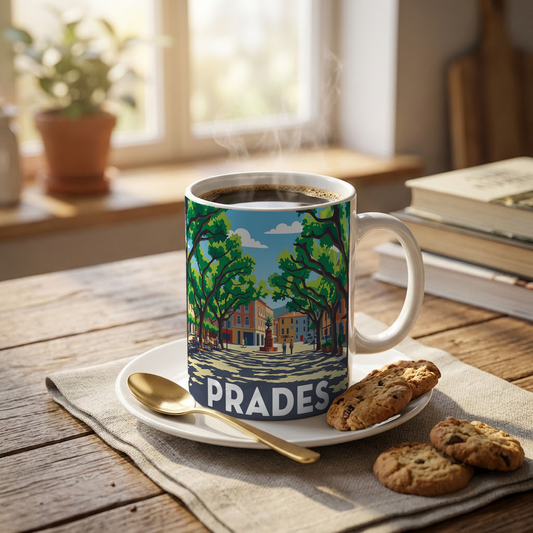 Mug souvenir de la ville de Prades avec une illustration stylisée de sa place principale.