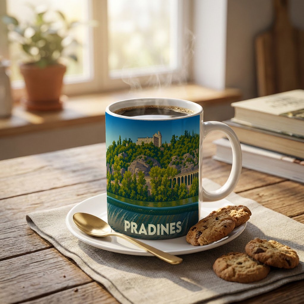 Mug souvenir de la ville de Pradines avec une illustration stylisée d'un paysage local.