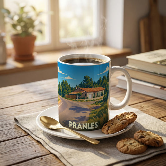 Mug souvenir de la ville de Pranles avec une illustration stylisée d'une maison de campagne.