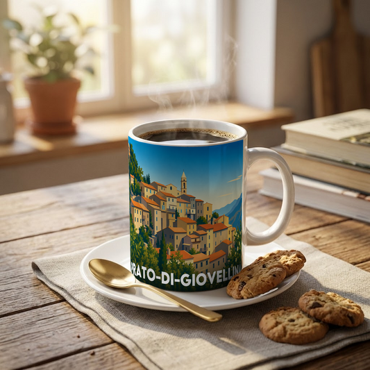 Mug souvenir de la ville de Prato-di-Giovellina avec une illustration stylisée.