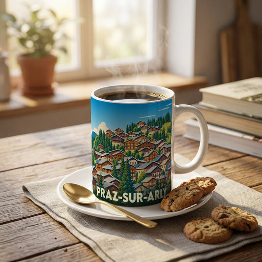 Mug souvenir de la ville de Praz-sur-Arly avec une illustration stylisée de village de montagne.