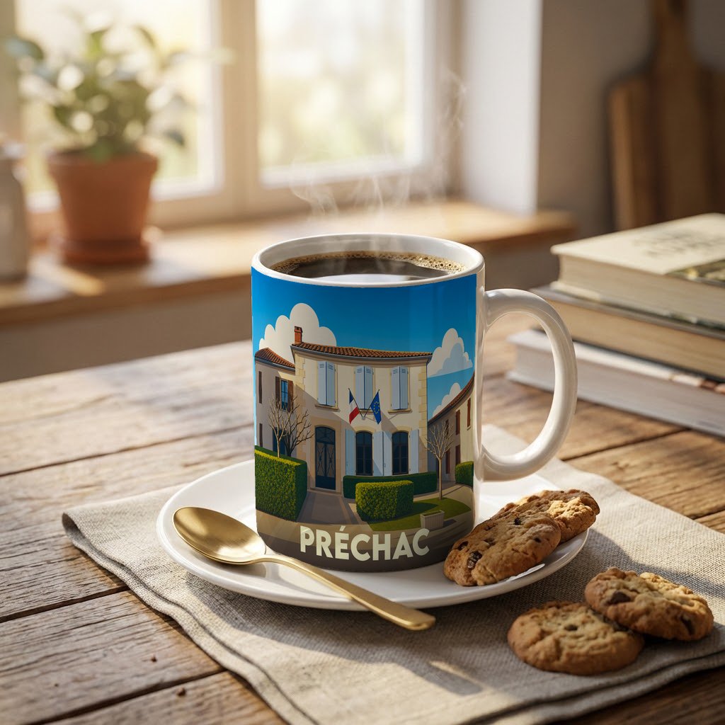 Mug souvenir de la ville de Préchac avec une illustration stylisée d'un bâtiment officiel français.