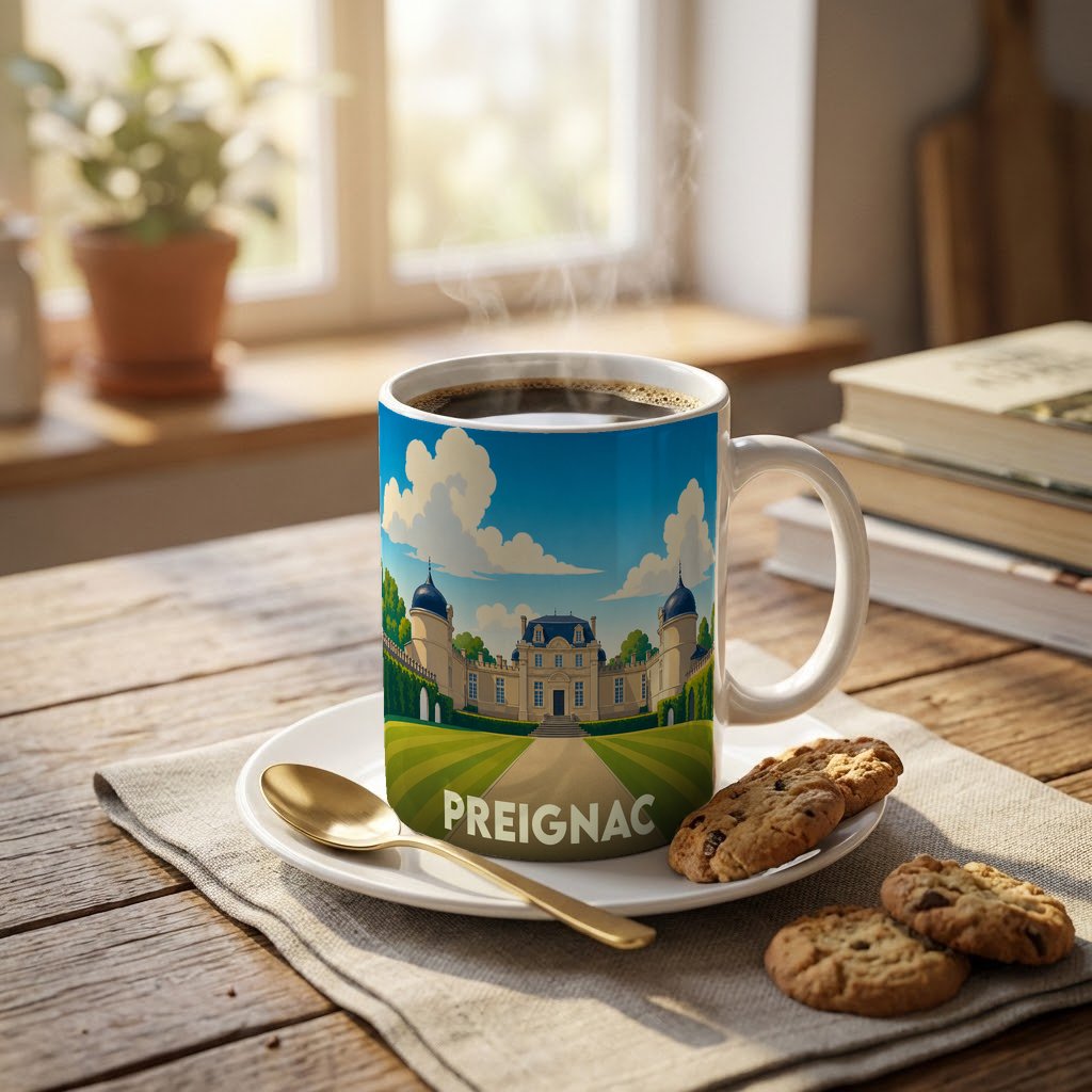 Mug souvenir de la ville de Preignac avec une illustration stylisée représentant un château.
