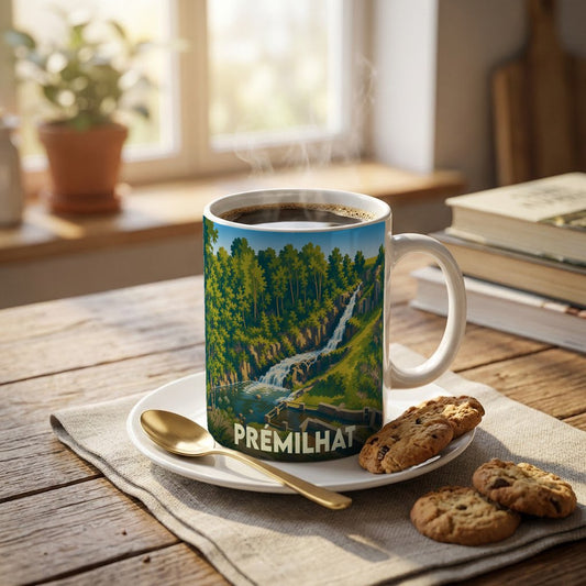 Mug souvenir de la ville de Prémilhat avec une illustration stylisée d'une cascade en forêt.