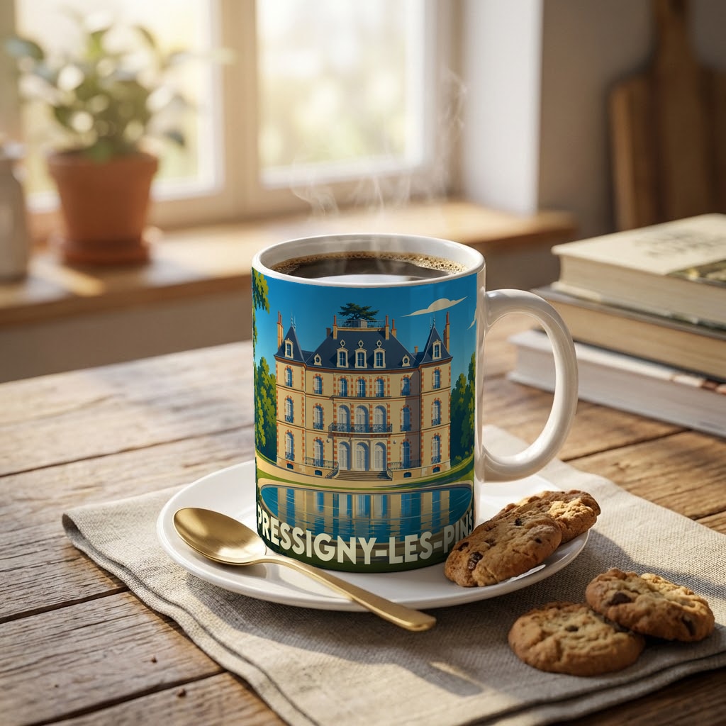 Mug souvenir de la ville de Pressigny-les-Pins illustré par un château majestueux se reflétant dans l'eau.