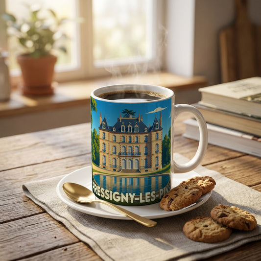 Mug souvenir de la ville de Pressigny-les-Pins illustré par un château majestueux se reflétant dans l'eau.