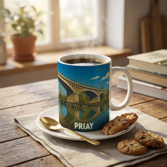 Mug souvenir de la ville de Priay avec une illustration stylisée de son pont se reflétant dans l'eau.