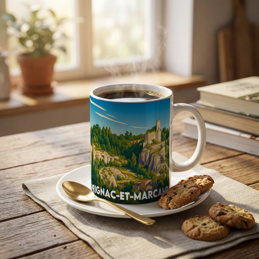 Mug souvenir de la ville de Prignac-et-Marcamps avec une illustration stylisée de son paysage.